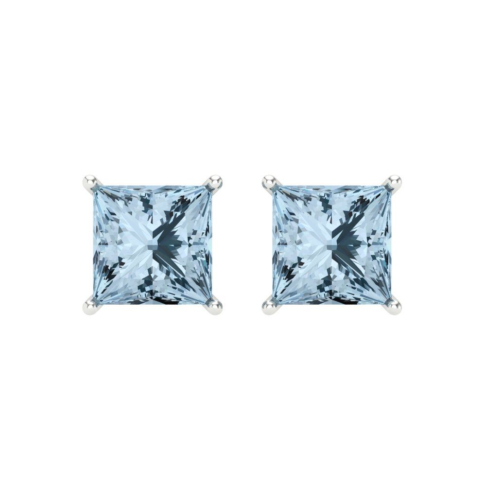 4 ctw Swiss Blue Topaz Studs Earrings | 7.0mm Princess Cut White Gold Screw back | December Birthstone