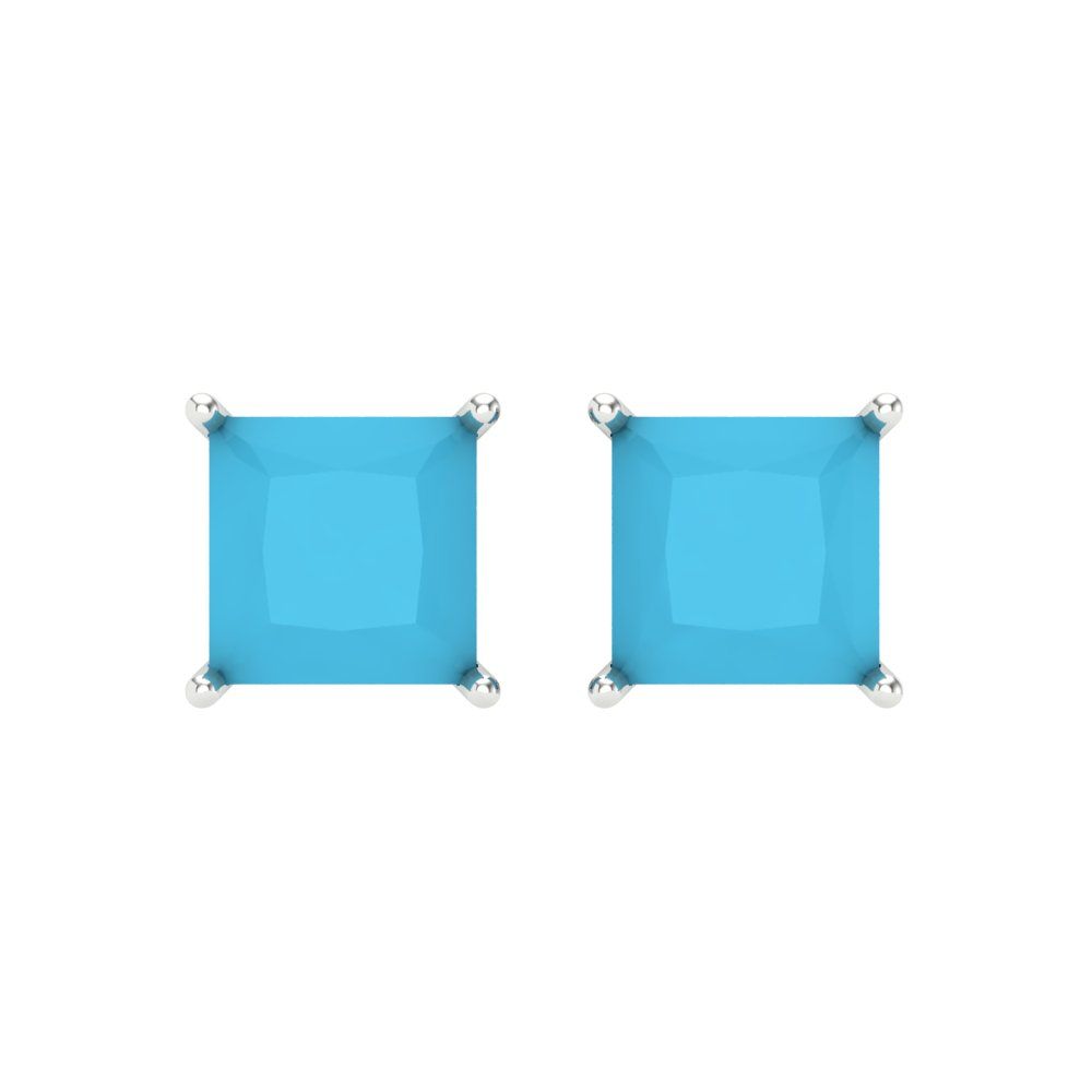 4 ctw Turquoise Studs Earrings | 7.0mm Princess Cut White Gold Screw back | December Birthstone