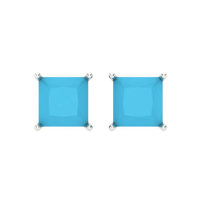 4 ctw Turquoise Studs Earrings | 7.0mm Princess Cut White Gold Screw back | December Birthstone