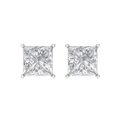 4 ctw Moissanite Studs Earrings | 7.0mm Princess Cut White Gold Screw back | April Birthstone