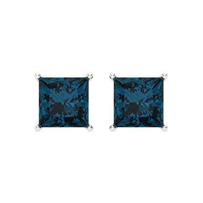 4 ctw London Blue Topaz Studs Earrings | 7.0mm Princess Cut White Gold Screw back | December Birthstone