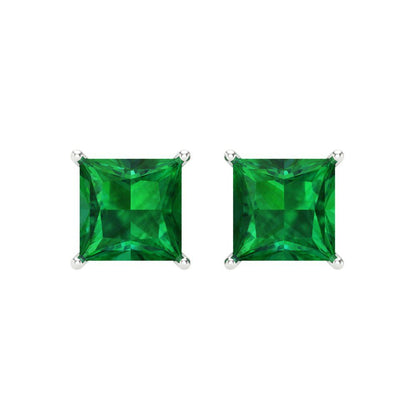 4 ctw Emerald Studs Earrings | 7.0mm Princess Cut White Gold Screw back | May Birthstone