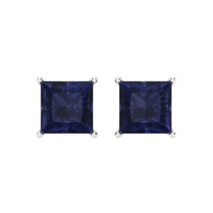 4 ctw Blue Sapphire Studs Earrings | 7.0mm Princess Cut White Gold Screw back | September Birthstone