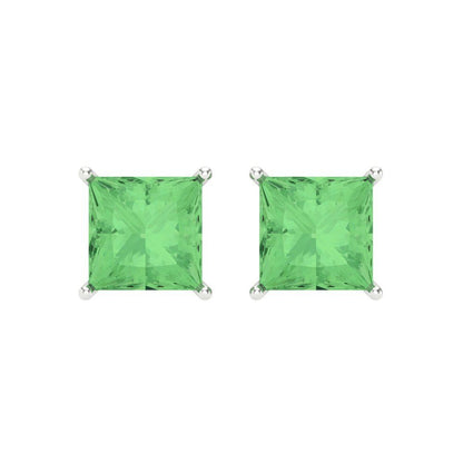 4 ctw Green Zirconia Studs Earrings | 7.0mm Princess Cut White Gold Screw back | April Birthstone