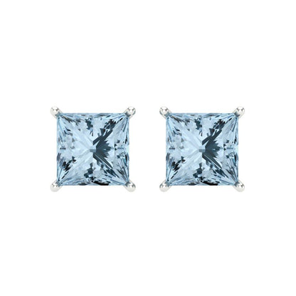 4 ctw Blue Zirconia Studs Earrings | 7.0mm Princess Cut White Gold Screw back | April Birthstone