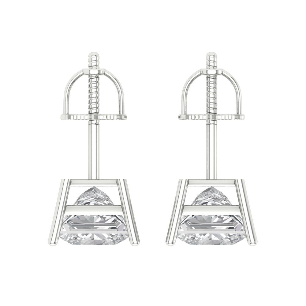 4 ctw Moissanite Studs Earrings | 7.0mm Princess Cut White Gold Screw back | April Birthstone