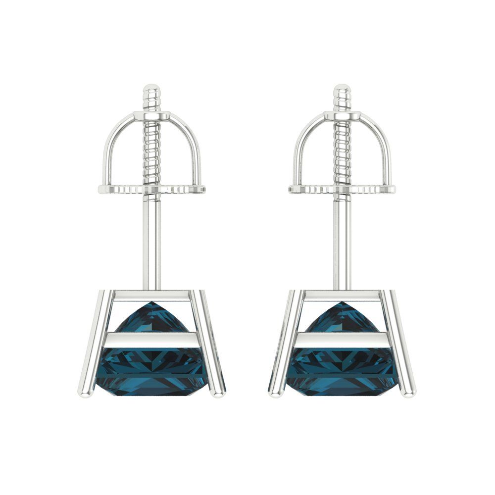 4 ctw London Blue Topaz Studs Earrings | 7.0mm Princess Cut White Gold Screw back | December Birthstone