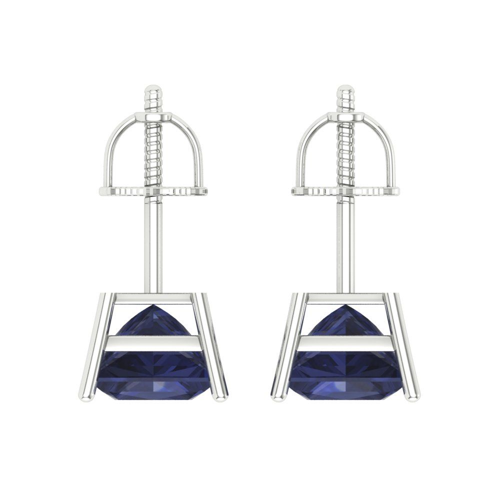 4 ctw Blue Sapphire Studs Earrings | 7.0mm Princess Cut White Gold Screw back | September Birthstone