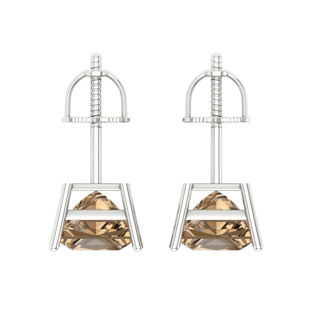 4 ctw Champagne Studs Earrings | 7.0mm Princess Cut White Gold Screw back | April Birthstone