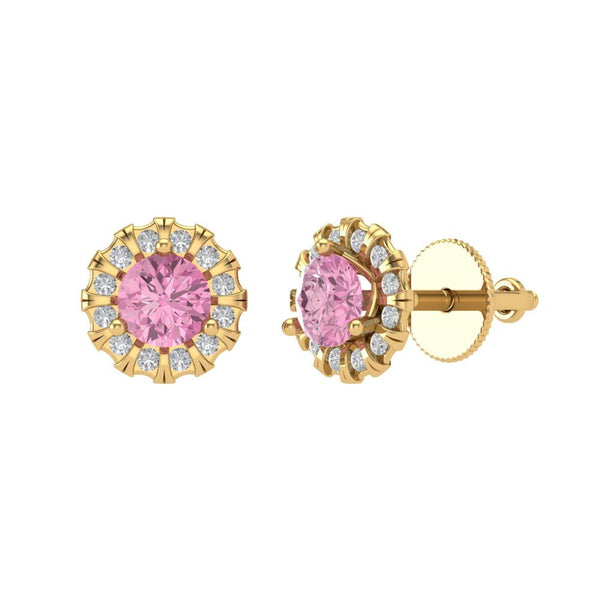 1.18 ct Brilliant Round Cut Halo Studs Pink Simulated Diamond Stone Yellow Gold Earrings Screw back
