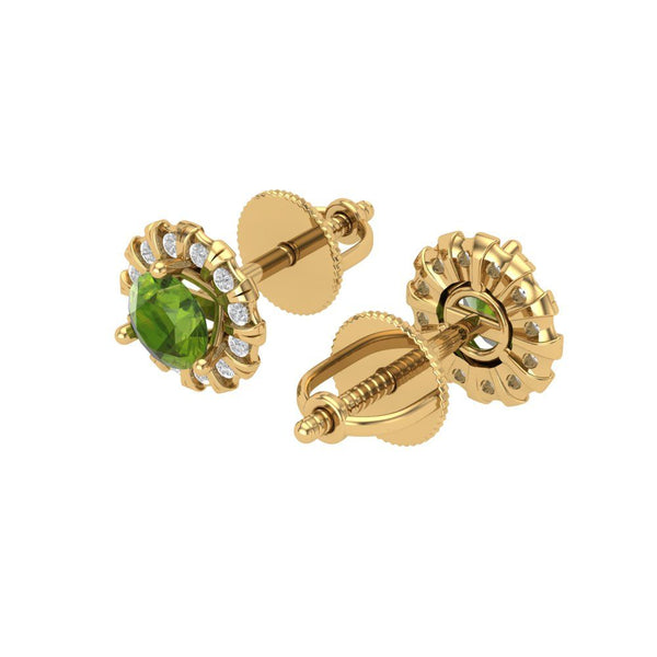 1.18 ct Brilliant Round Cut Halo Studs Natural Peridot Stone Yellow Gold Earrings Screw back