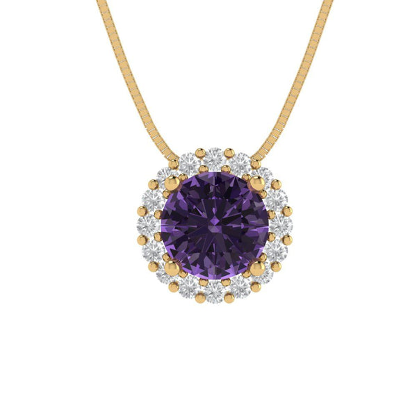 1.24 ct Brilliant Round Cut Halo Simulated Alexandrite Stone Yellow Gold Pendant with 18" Chain