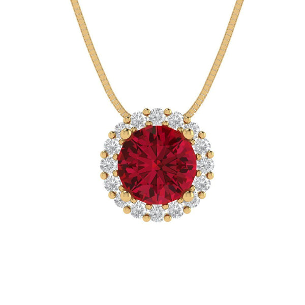 1.24 ct Brilliant Round Cut Halo Simulated Pink Tourmaline Stone Yellow Gold Pendant with 18" Chain