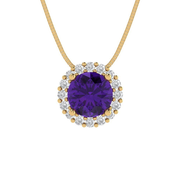 1.24 ct Brilliant Round Cut Halo Natural Amethyst Stone Yellow Gold Pendant with 18" Chain