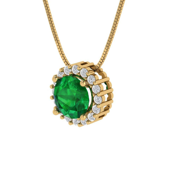 1.24 ct Brilliant Round Cut Halo Simulated Emerald Stone Yellow Gold Pendant with 18" Chain