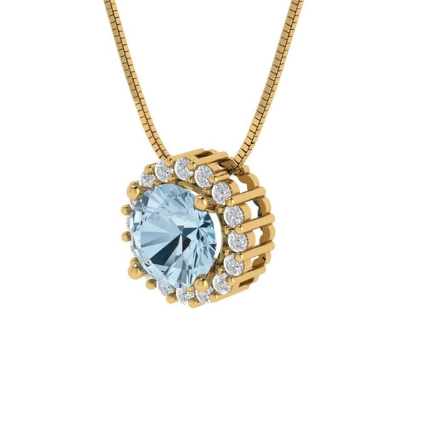 1.24 ct Brilliant Round Cut Halo Natural Sky Blue Topaz Stone Yellow Gold Pendant with 18" Chain