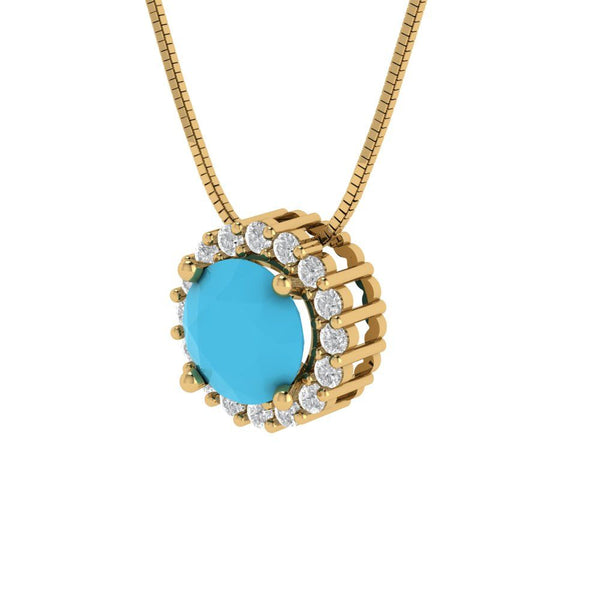 1.24 ct Brilliant Round Cut Halo Simulated Turquoise Stone Yellow Gold Pendant with 18" Chain