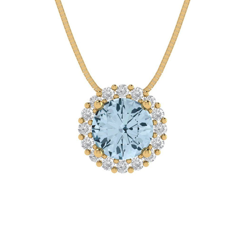 1.24 ct Brilliant Round Cut Halo Natural Swiss Blue Topaz Stone Yellow Gold Pendant with 18" Chain