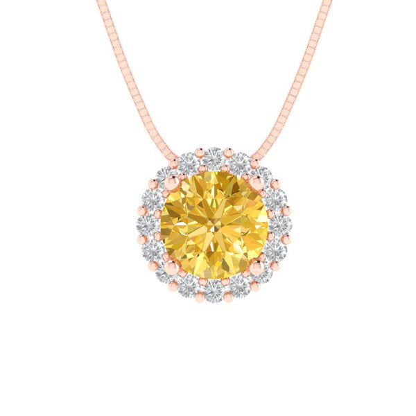 1.24 ct Brilliant Round Cut Halo Yellow Simulated Diamond Stone Rose Gold Pendant with 18" Chain
