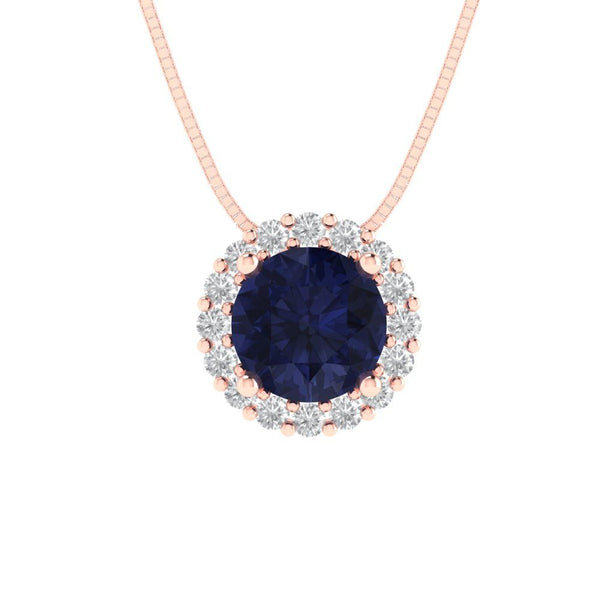 1.24 ct Brilliant Round Cut Halo Simulated Blue Sapphire Stone Rose Gold Pendant with 18" Chain