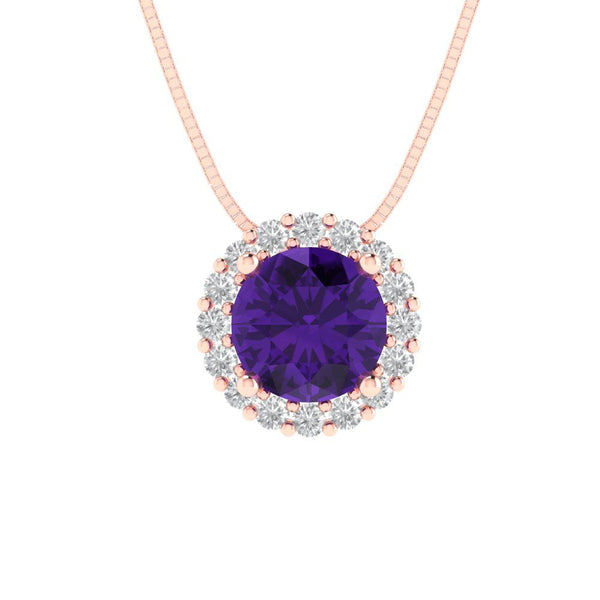 1.24 ct Brilliant Round Cut Halo Natural Amethyst Stone Rose Gold Pendant with 18" Chain