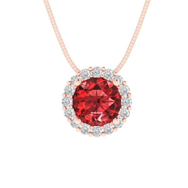 1.24 ct Brilliant Round Cut Halo Natural Garnet Stone Rose Gold Pendant with 18" Chain