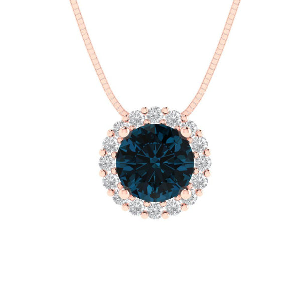 1.24 ct Brilliant Round Cut Halo Natural London Blue Topaz Stone Rose Gold Pendant with 18" Chain
