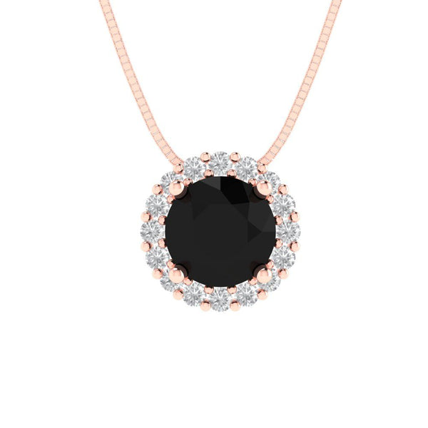 1.24 ct Brilliant Round Cut Halo Natural Onyx Stone Rose Gold Pendant with 18" Chain