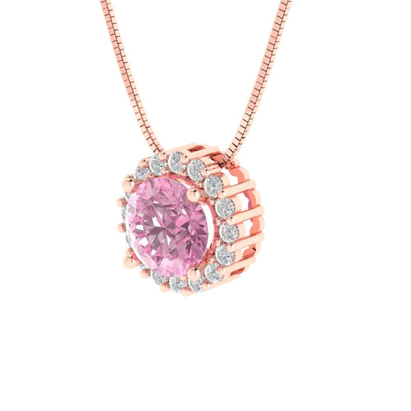 1.24 ct Brilliant Round Cut Halo Pink Simulated Diamond Stone Rose Gold Pendant with 18" Chain