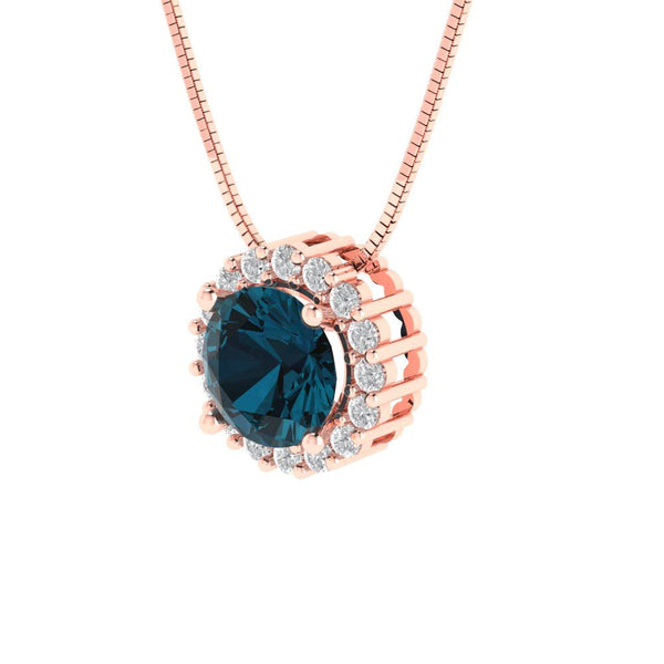 1.24 ct Brilliant Round Cut Halo Natural London Blue Topaz Stone Rose Gold Pendant with 18" Chain