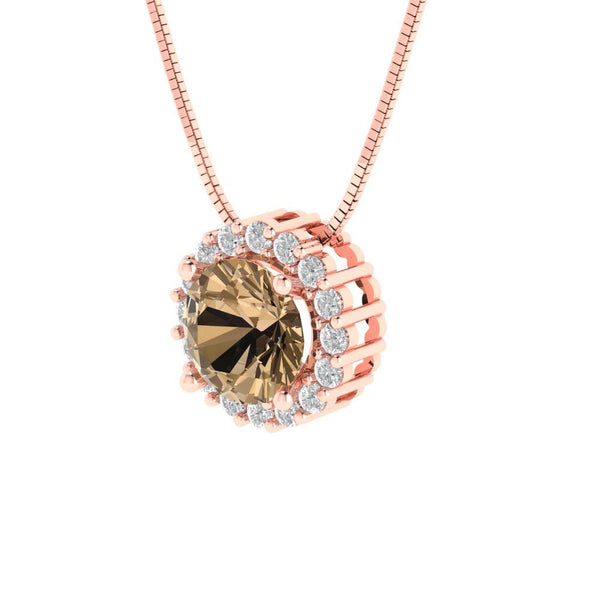 1.24 ct Brilliant Round Cut Halo Champagne Simulated Diamond Stone Rose Gold Pendant with 18" Chain