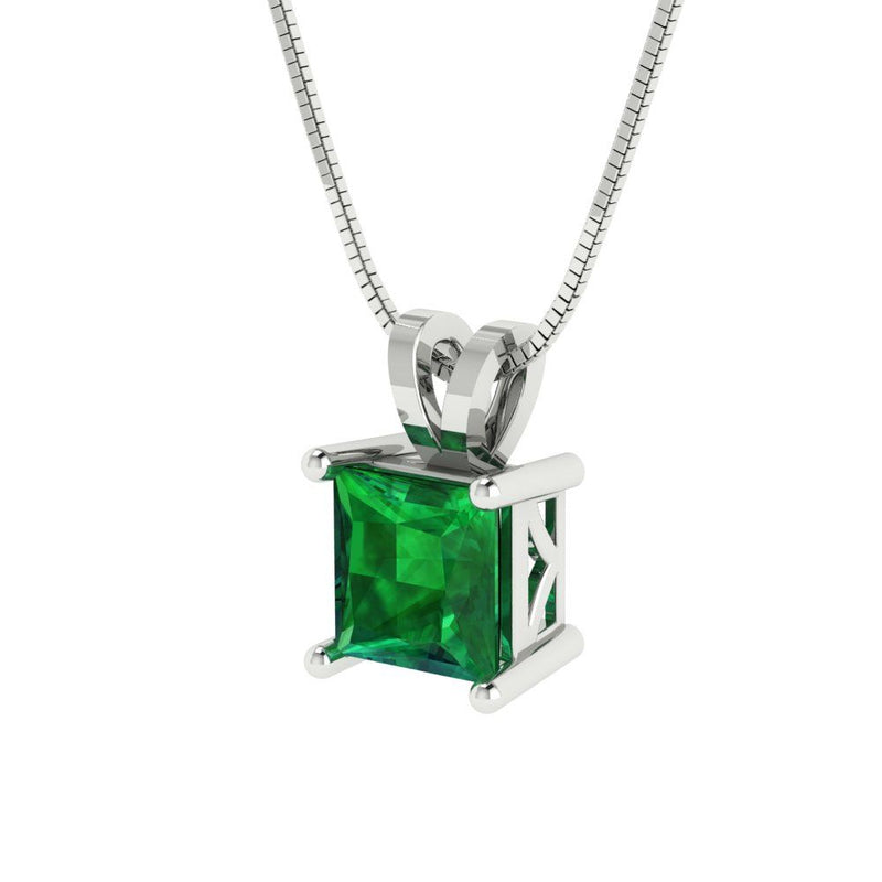 1.0 ct Brilliant Princess Cut Solitaire Simulated Emerald Stone White Gold Pendant with 18" Chain