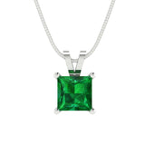 1.0 ct Brilliant Princess Cut Solitaire Simulated Emerald Stone White Gold Pendant with 18" Chain