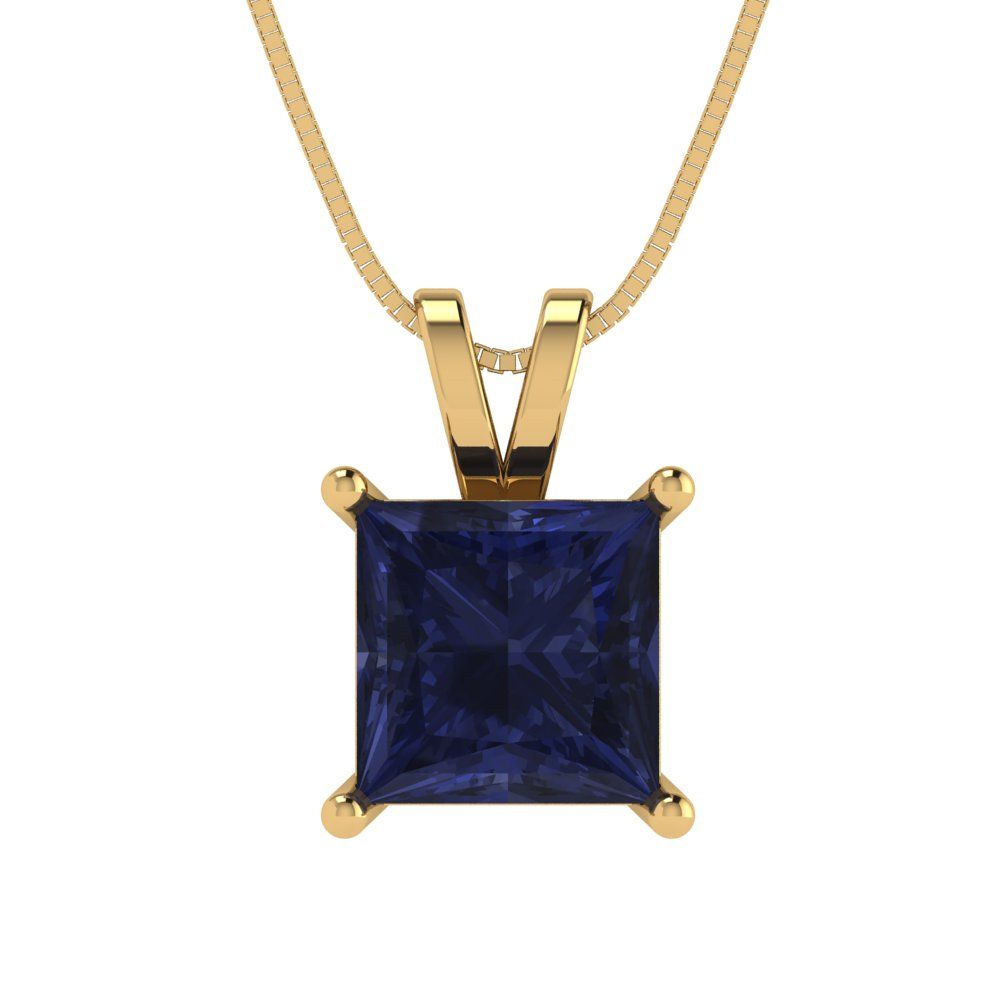 2cttw Princess Cut Blue Sapphire Gold-Plated 925 Silver Pendant and 18" Box-Chain Necklace