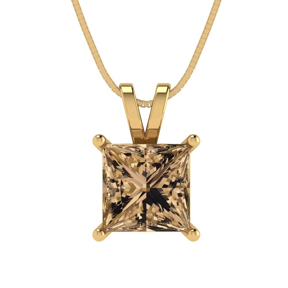 2cttw Princess Cut Champagne Gold-Plated 925 Silver Pendant and 18" Box-Chain Necklace