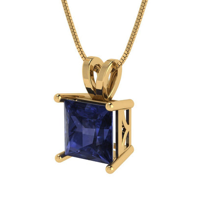 2cttw Princess Cut Blue Sapphire Gold-Plated 925 Silver Pendant and 18" Box-Chain Necklace