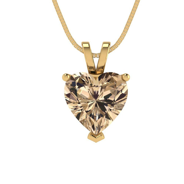 2.0 ct Brilliant Heart Cut Solitaire Yellow Moissanite Stone Yellow Gold Pendant with 18" Chain