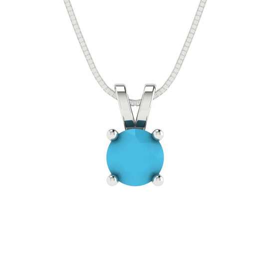 0.5 tcw Necklace Pendant - 14K White Gold Round Cut Solitaire  Turquoise - Adjustable Length - 15in Box Chain to 18in