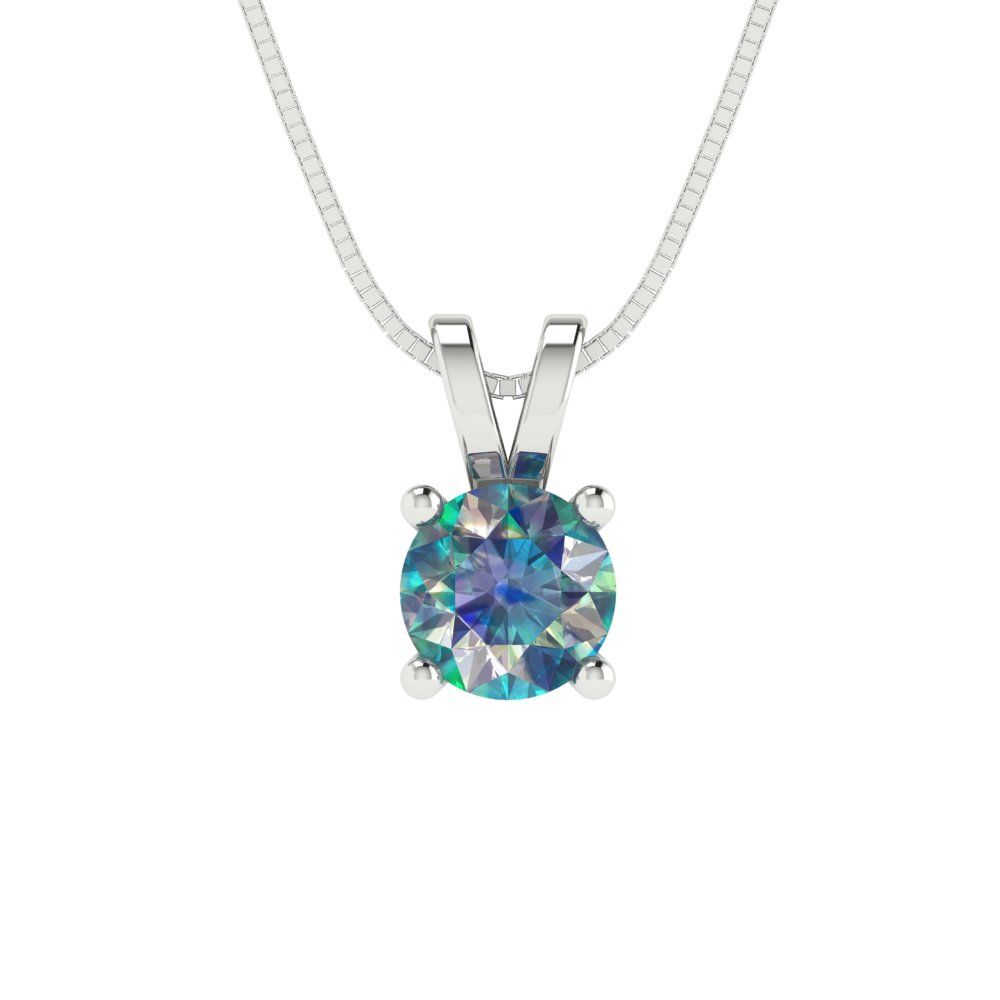 0.5 tcw Necklace Pendant - 14K White Gold Round Cut Solitaire  Blue Moissanite - Adjustable Length - 15in Box Chain to 18in