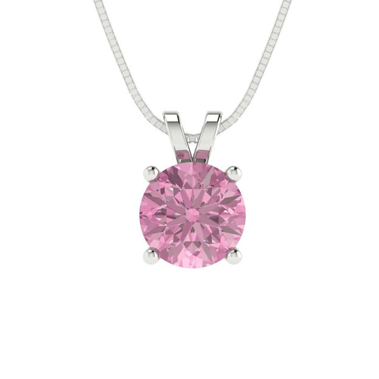 1 tcw Necklace Pendant - 14K White Gold Round Cut Solitaire  Pink - Adjustable Length - 15in Box Chain to 18in