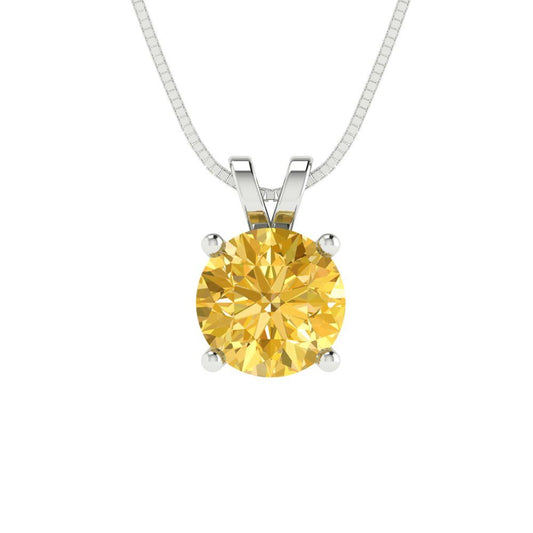 1 tcw Necklace Pendant - 14K White Gold Round Cut Solitaire  Citrine - Adjustable Length - 15in Box Chain to 18in