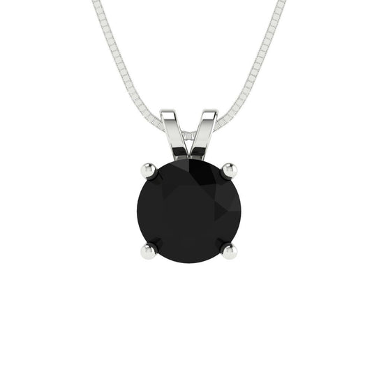 1 tcw Necklace Pendant - 14K White Gold Round Cut Solitaire  Onyx - Adjustable Length - 15in Box Chain to 18in