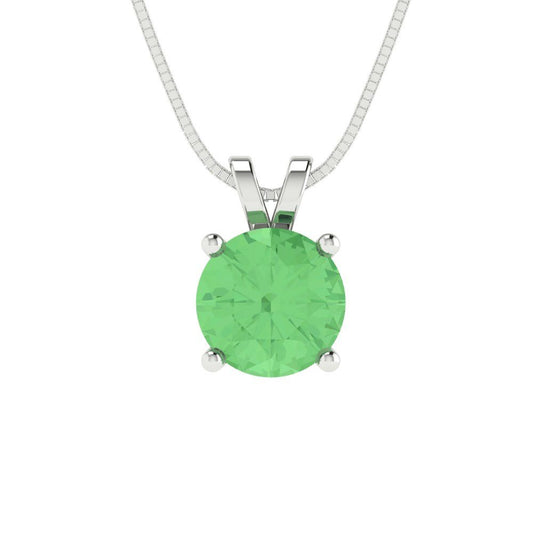 1 tcw Necklace Pendant - 14K White Gold Round Cut Solitaire  Green - Adjustable Length - 15in Box Chain to 18in