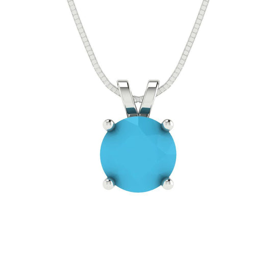 1 tcw Necklace Pendant - 14K White Gold Round Cut Solitaire  Turquoise - Adjustable Length - 15in Box Chain to 18in