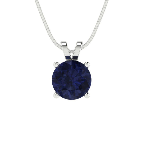 1 tcw Necklace Pendant - 14K White Gold Round Cut Solitaire  Bluesapphire - Adjustable Length - 15in Box Chain to 18in