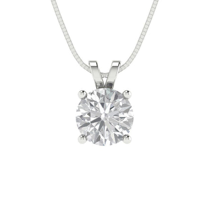 1 tcw Necklace Pendant - 14K White Gold Round Cut Solitaire  Zirconia Diamond - Adjustable Length - 15in Box Chain to 18in