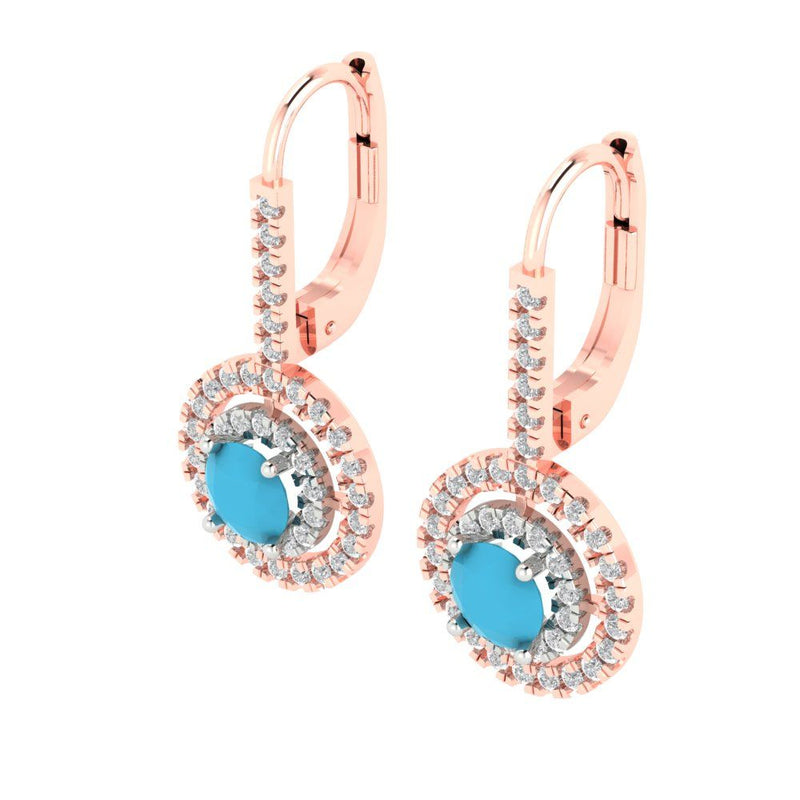 1.79 ct Brilliant Round Cut Halo Drop Dangle Simulated Turquoise Stone White/Rose Gold Earrings Lever Back