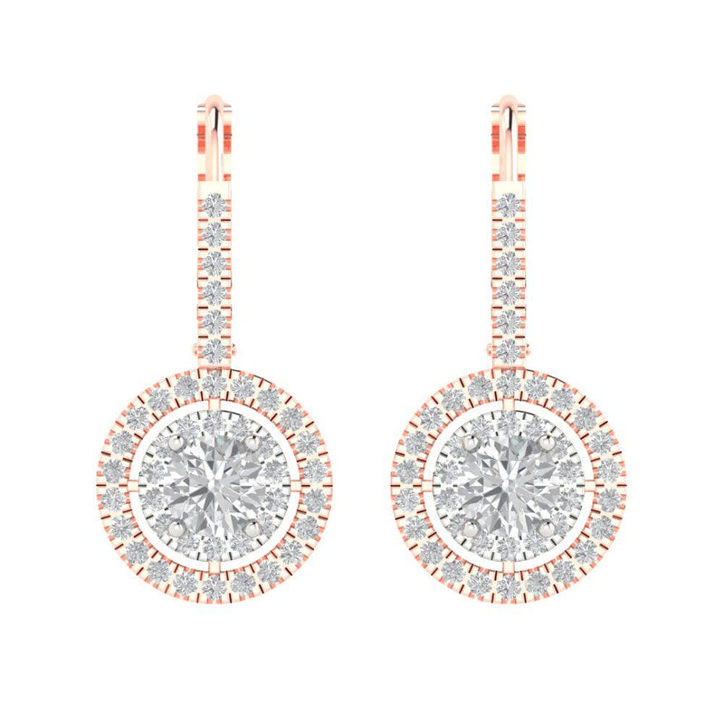 1.79 ct Brilliant Round Cut Halo Drop Dangle Natural Diamond Stone Clarity SI1-2 Color G-H White/Rose Gold Earrings Lever Back