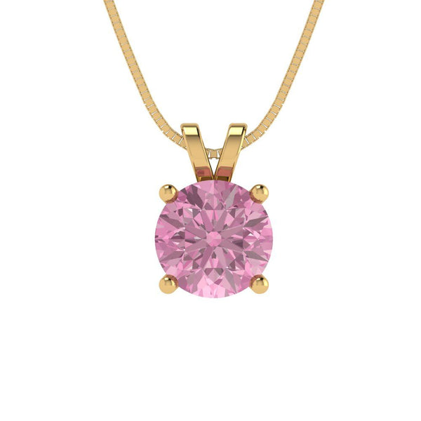 1.0 ct Brilliant Round Cut Solitaire Pink Simulated Diamond Stone Yellow Gold Pendant with 18" Chain