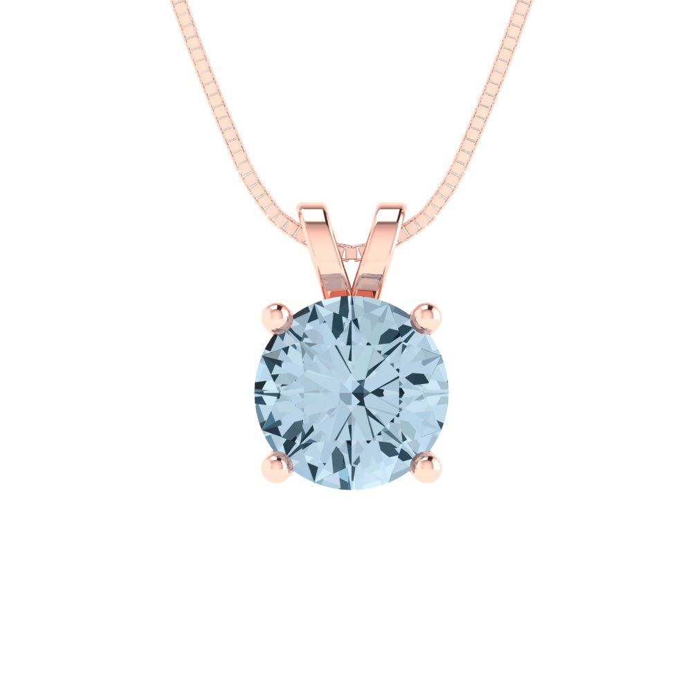 1 tcw Necklace Pendant - 14K White Gold Round Cut Solitaire  Aquamarine - Adjustable Length - 15in Box Chain to 18in